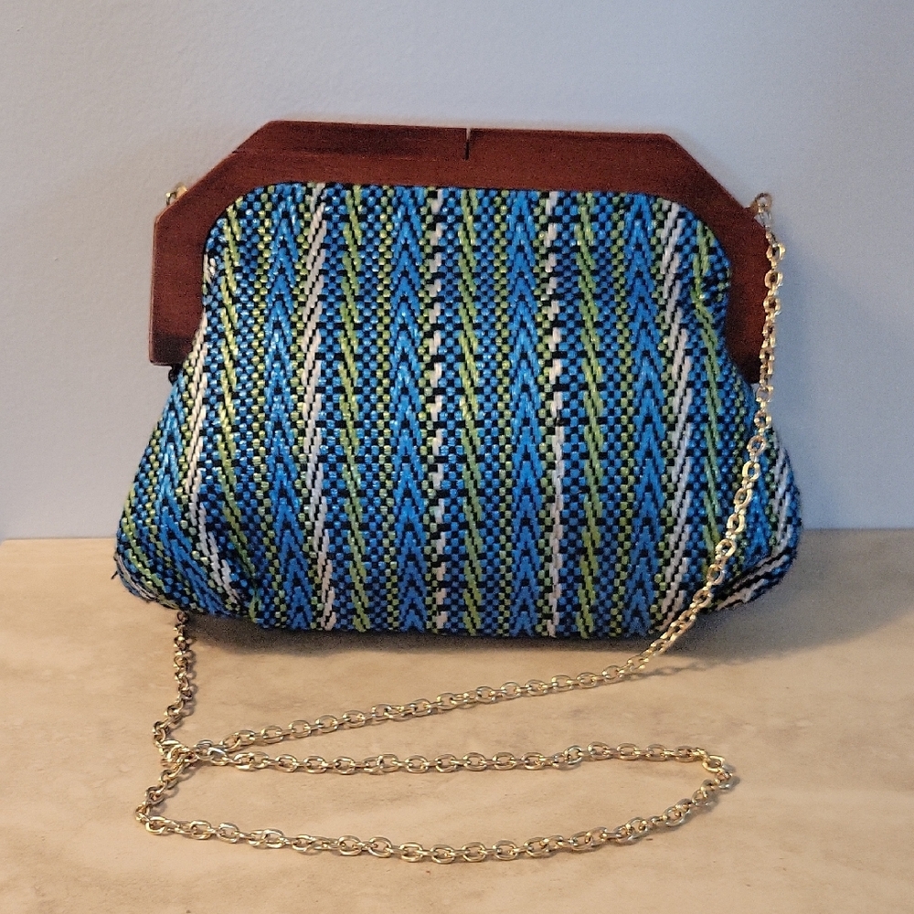 NWOT - INC Stylish Blue and Green Woven Women's Bag With Faux Wood Closure